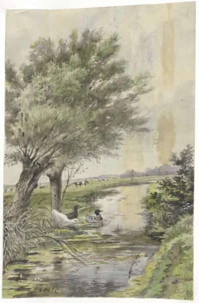 Meadow landscape with ducks entering a stream (verso: Woman hanging laundry near a houseboat)