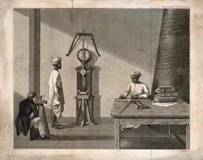 Measurement: a scholar making observations of a pendulum, with two servants, one writing at a table