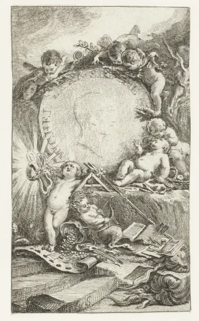 Medaille met Michel Jean Sédaine omringd door putti