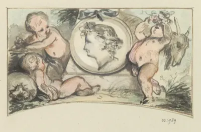 Medaillon met Bacchus omringd door drie putti en een geit