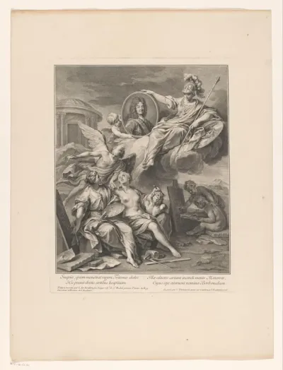 Medaillon met een portret van een lid van de familie Bourbon door Minerva voorgehouden aan de Schilderkunst en de Beeldhouwkunst