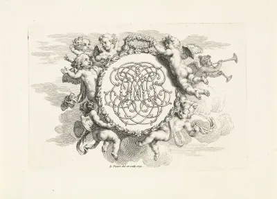 Medaillon met initialen gedragen door putti