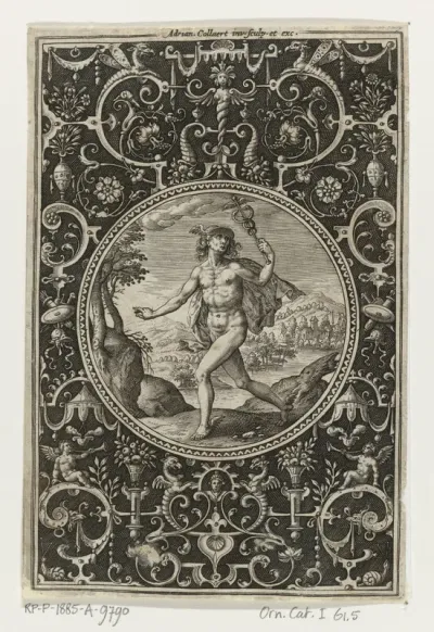 Medaillon met Mercurius in omlijsting van grotesken met bloemen, guirlandes, dieren en mascarons
