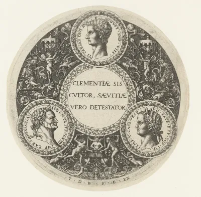 Medaillon met middenboven Tiberius, linksonder Vespasianus en rechtsonder Titus