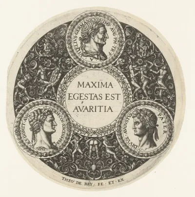 Medaillon met middenboven Vitellius, linksonder Domitianus en rechtsonder Augustus