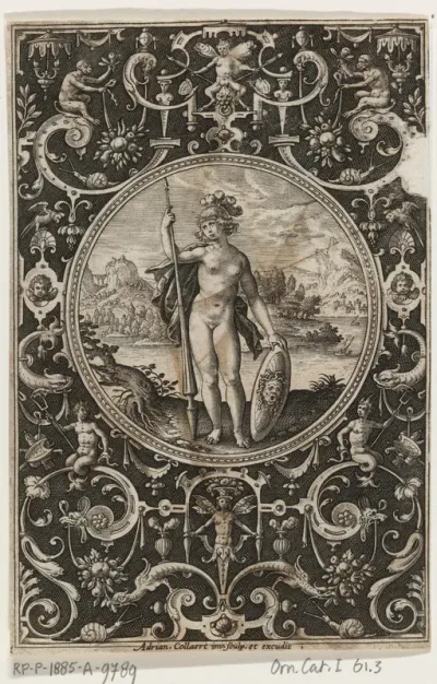 Medaillon met Minerva met lans en schild met Medusahoofd in omlijsting van grotesken met bloemen, guirlandes, dieren en mascarons