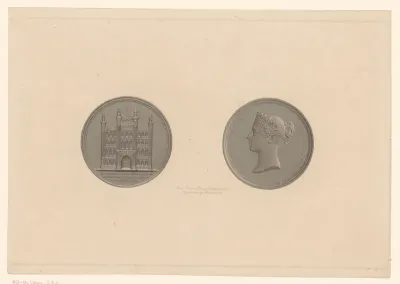 Medaillon met portret van koningin Victoria en voorgevel van de Guildhall