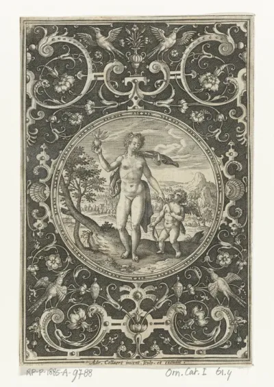 Medaillon met Venus en Amor in omlijsting van grotesken met bloemen, guirlandes, dieren en mascarons