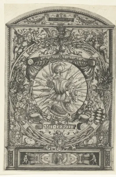 Medaillon met wapentrofee in ornamentale omlijsting