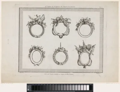 Medaillons met bloemen, meetinstrumenten en vlaggen