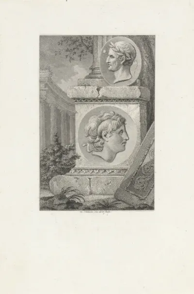 Medaillons met portretten van Alexander de Grote en Julius Ceasar op een pilaar