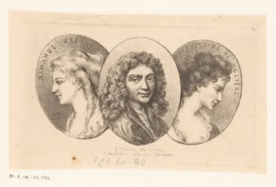 Medaillons met portretten van Armane Béjart, Jean Baptiste Poquelin Molière en Madeleine Béjart