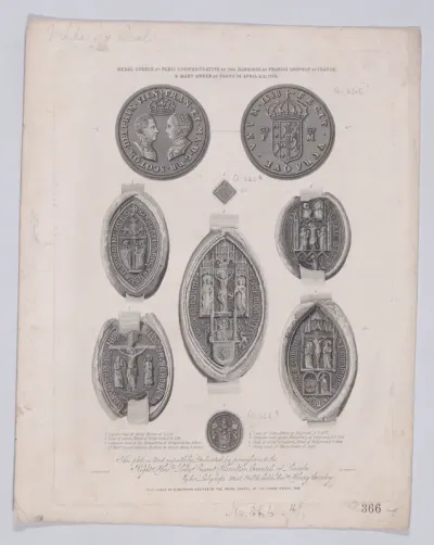 Medal commemorating the marriage of Mary, Queen of Scots to the Dauphin Francis of France, with seals and signet rings relating to Queen Mary below (from "A Souvenir of the Abbey and Palace of Holyrood")
