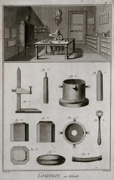 Medals: a die-engraver in his workshop (top), with diagrams of die-engraving tools (below)
