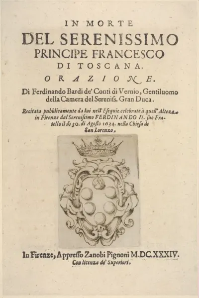 Medici coat of arms in bottom center, title page 2 from "In Morte del Serenissimo Principe Francesco di Toscana, Orazione"