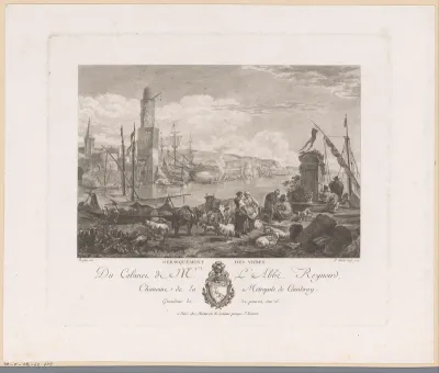 Mediterraan landschap met figuren en vee in een haven