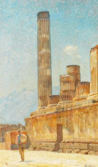 Mediterranean scenery with a man walking near ruins.
