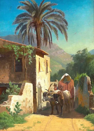 Mediterranean scenery with oxen cart and house.
