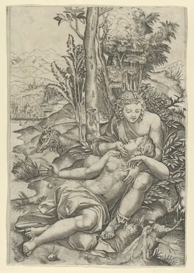 Medor and Angelica from Lodovico Ariosto's "Orlando Furioso", or Venus and Adonis embracing, set within a landscape