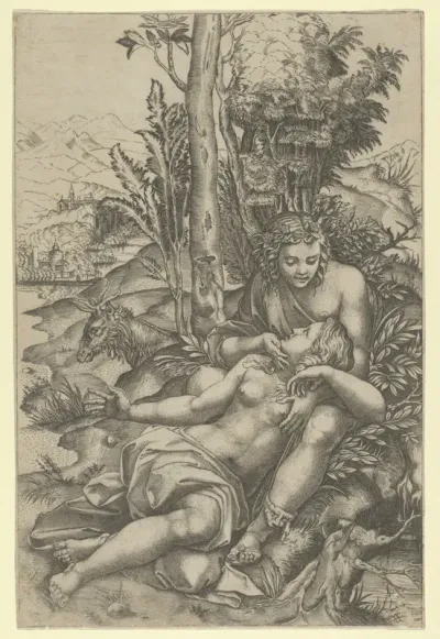 Medor and Angelica from Lodovico Ariosto's 'Orlando Furioso' or Venus and Adonis embracing, set within a landscape