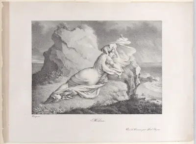 Medora, reclining on a rock overlooking the shore