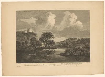Meer in een landschap met ruïne, in de middag