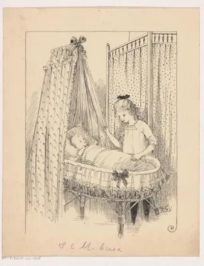Meisje bij een baby in een wieg