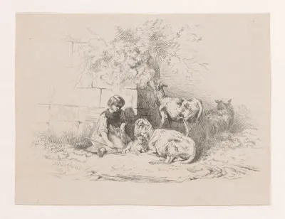 Meisje bij schapen en lam