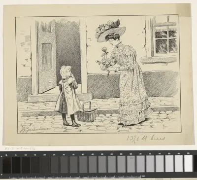 Meisje en een vrouw met rozen op een straat