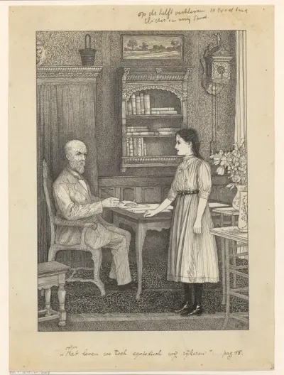 Meisje en schrijvende man bij een tafel