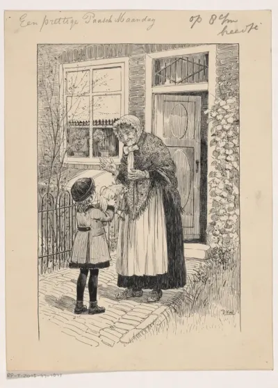 Meisje geeft een oude vrouw een kip