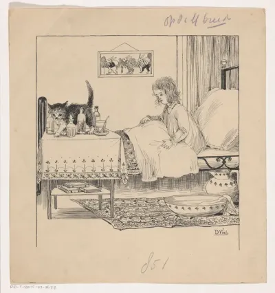 Meisje kijkt naar een poes vanuit bed