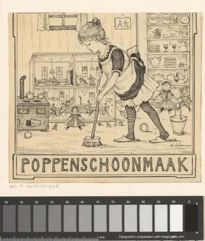 Meisje met bezem bij een poppenhuis