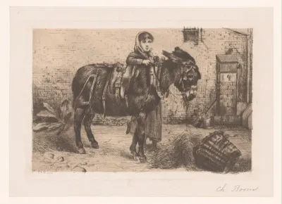 Meisje met ezel op een binnenplaats