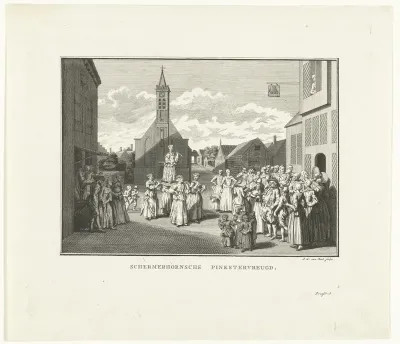 Meisje met fluit (Pinksterblom) op baar gedragen door vier meisjes tijdens Pinksterfeest in Schermerhorn