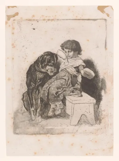 Meisje met hond die naar haar boterham kijkt