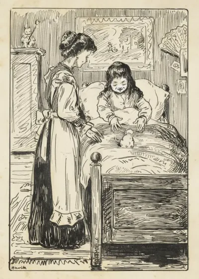 Meisje met konijn op bed