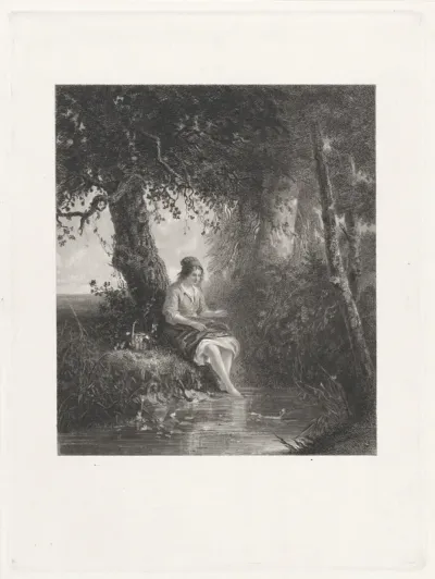 Meisje met mandje aan de waterkant
