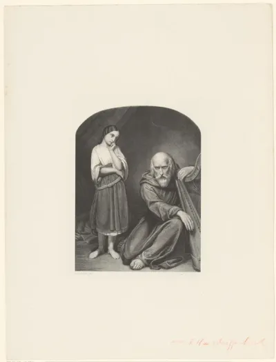 Meisje met oude monnik met harp