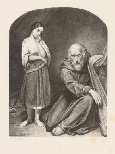Meisje met oude monnik met harp