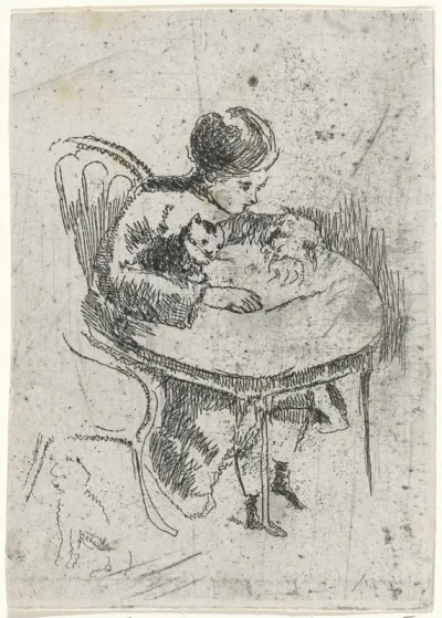 Meisje met poes aan tafel