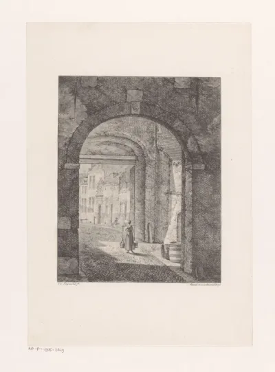 Meisje met twee emmers onder een stadspoort