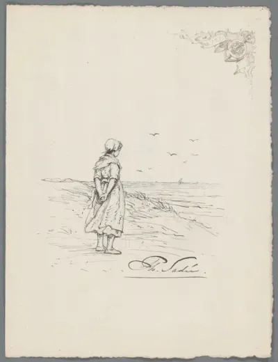 Meisje of jonge vrouw in de duinen, uitkijkend over zee