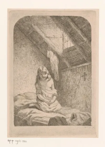Meisje op bed in een zolderkamer