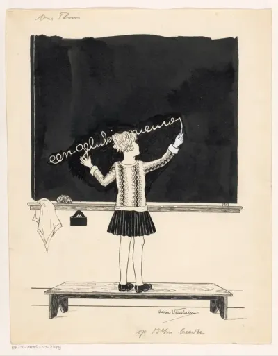 Meisje schrijft nieuwjaarswens op schoolbord