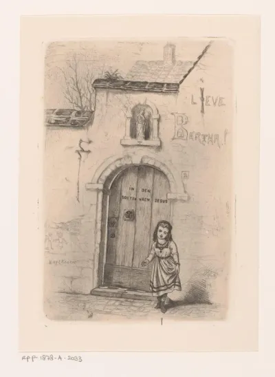 Meisje voor een dichte poort waarboven een Mariabeeld