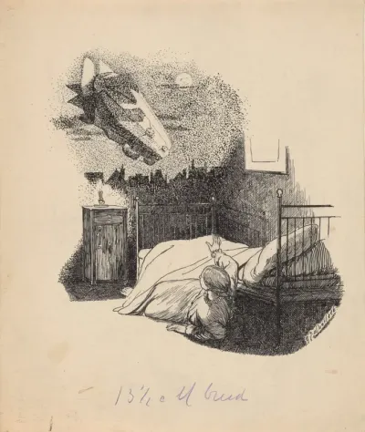 Meisje ziet een zeppelin vanuit bed