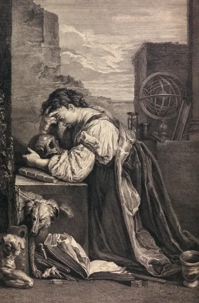 Melancholia: a female figure contemplating a skull, surrounded by attributes of knowledge and learning
