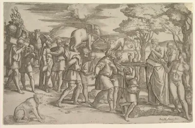 Melchizadek offering bread and wine to Abraham