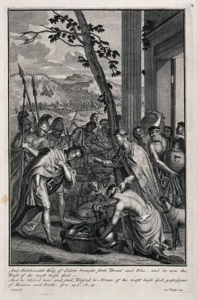 Melchizedek blesses Abraham and gives him bread and wine; Abraham's Hebrew soldiers return victorious over the four invading kings